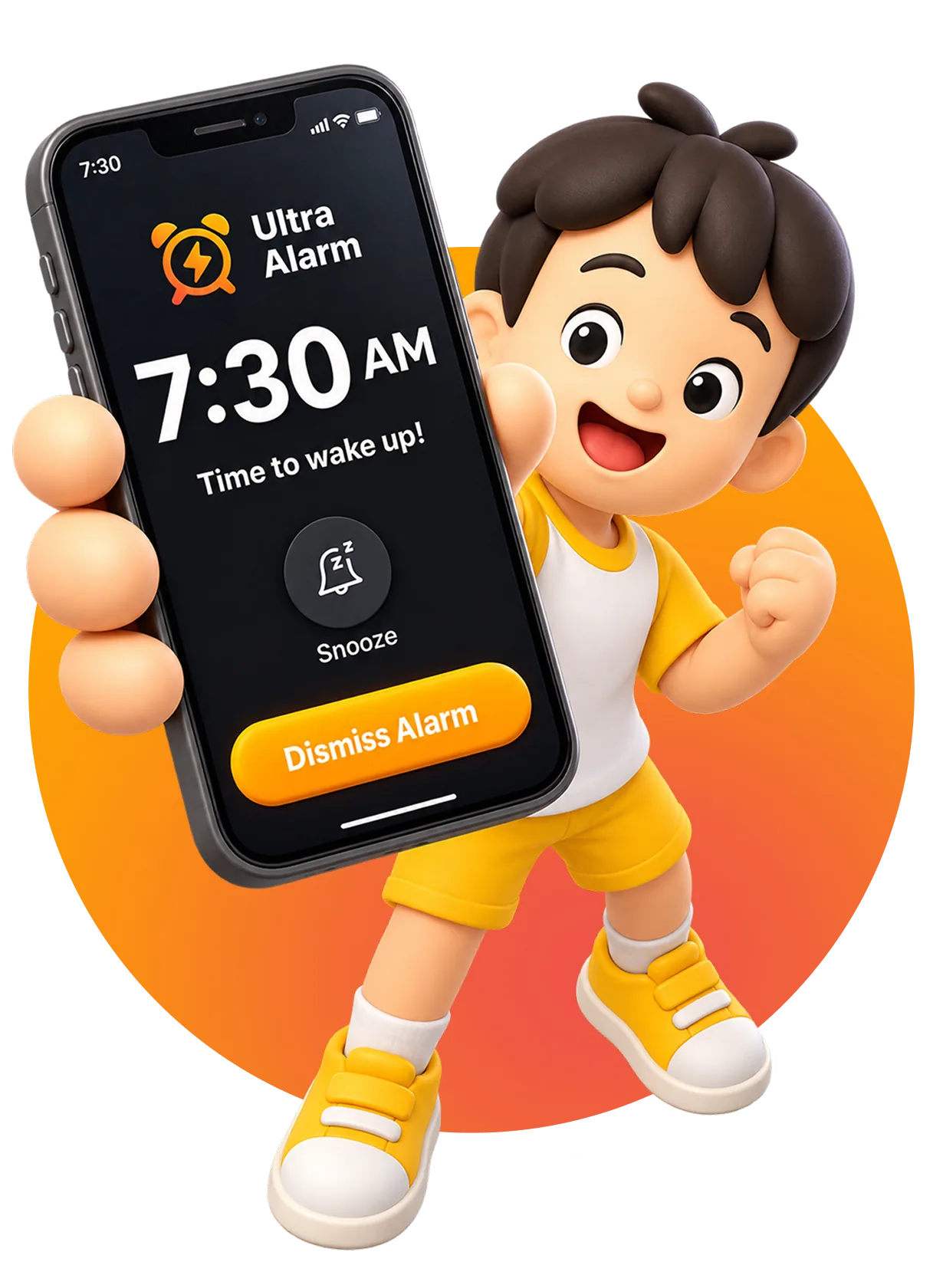 Ultra Alarm ringing on a smartphone held by a 3D character