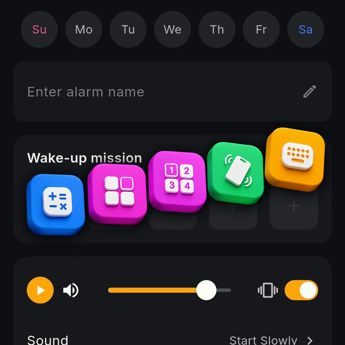 Five wake-up missions arranged in sequence on an alarm