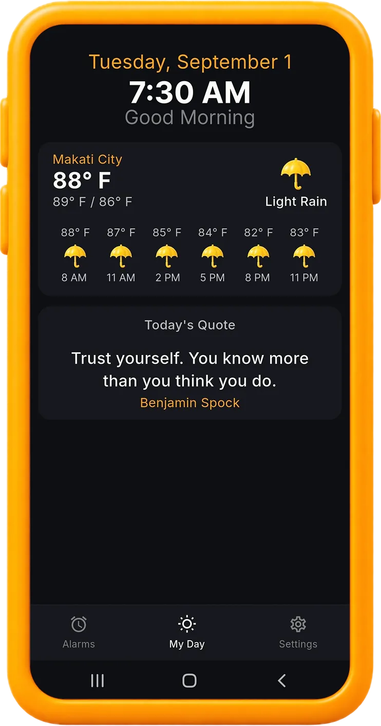 My Day screen showing the time, local weather, and a daily quote in Ultra Alarm