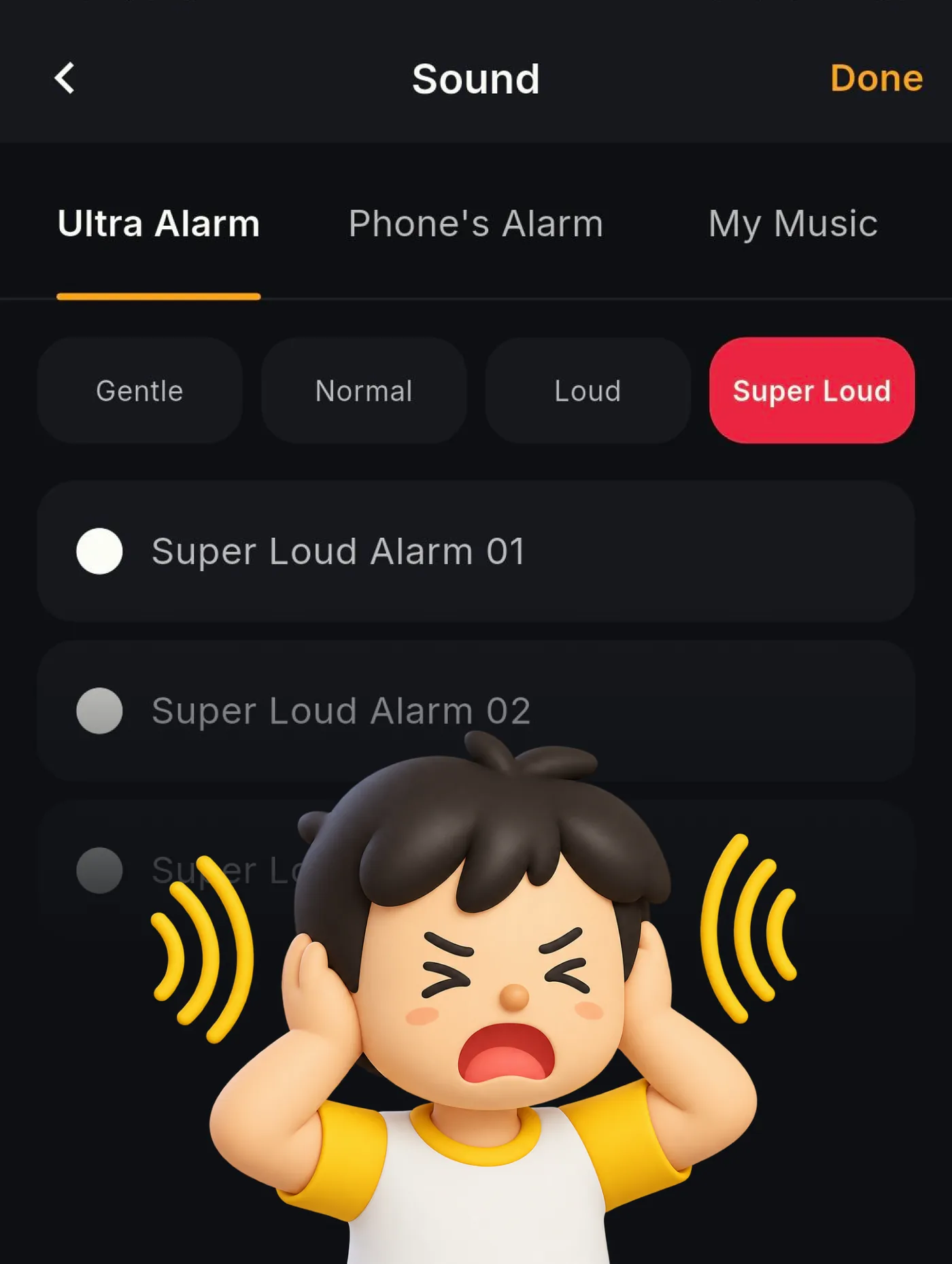 A Super Loud alarm selected, with a character covering their ears